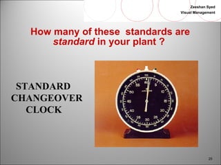 Zeeshan Syed 
Visual Management 
25 
How many of these standards are 
standard in your plant ? 
STANDARD 
CHANGEOVER 
CLOCK 
 
