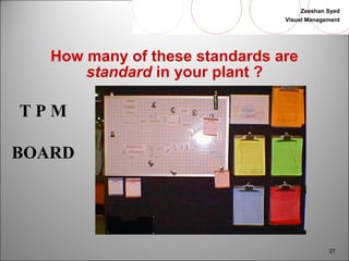 Zeeshan Syed 
Visual Management 
27 
How many of these standards are 
standard in your plant ? 
T P M 
BOARD 
 