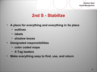 Zeeshan Syed 
Visual Management 
42 
2nd S - Stabilize 
• A place for everything and everything in its place 
• outlines 
• labels 
• shadow boxes 
• Designated responsibilities 
• color coded maps 
• X-Tag leaders 
• Make everything easy to find, use, and return 
 