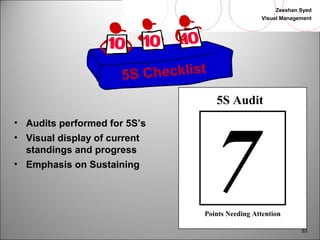 Zeeshan Syed 
Visual Management 
63 
5S Checklist 
• Audits performed for 5S’s 
• Visual display of current 
standings and progress 
• Emphasis on Sustaining 
5S Audit 
Points Needing Attention 7 
 