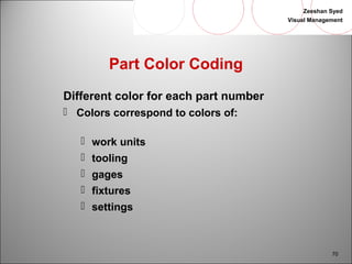 Zeeshan Syed 
Visual Management 
70 
Part Color Coding 
Different color for each part number 
 Colors correspond to colors of: 
 work units 
 tooling 
 gages 
 fixtures 
 settings 
 