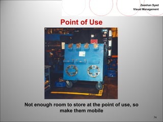 Zeeshan Syed 
Visual Management 
74 
Point of Use 
Not enough room to store at the point of use, so 
make them mobile 
 