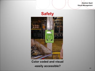 Zeeshan Syed 
Visual Management 
81 
Safety 
Color coded and visual 
-easily accessible? 
 
