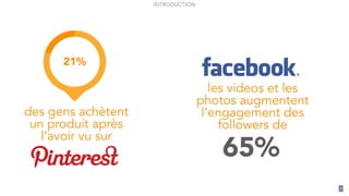 INTRODUCTION
7
21%
des gens achètent
un produit après
l’avoir vu sur
les videos et les
photos augmentent
l’engagement des
followers de
65%
 