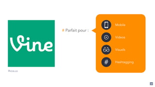 90
#
# Parfait pour :
Mobile
Videos
Visuels
Hashtagging
@vine.co
 