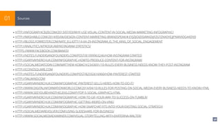 98
Sources01
• HTTP://INFOGRAPHICB2B.COM/2013/07/03/WHY-USE-VISUAL-CONTENT-IN-SOCIAL-MEDIA-MARKETING-INFOGRAPHIC/
• HTTP://MASHABLE.COM/2014/05/06/DESIGN-CONTENT-MARKETING-BRANDSPEAK/#:EYJZIJOIZIISIMKIOIJFZGTZNXOYEJJPNWVIOG44DYJ9
• HTTP://BLOGS.FORRESTER.COM/NATE_ELLIOTT/14-04-29-INSTAGRAM_IS_THE_KING_OF_SOCIAL_ENGAGEMENT
• HTTP://ANALYTICS.NITROGR.AM/INSTAGRAM-STATISTICS/
• HTTPS://WWW.FACEBOOK.COM/BANKSY
• HTTP://NOTES.FUNDERSANDFOUNDERS.COM/POST/81999963246/HOW-INSTAGRAM-STARTED
• HTTP://GARYVAYNERCHUK.COM/INFOGRAPHIC-HOWTO-PRODUCE-CONTENT-FOR-INSTAGRAM/
• HTTP://SOCIALMEDIATODAY.COM/MATTHEW-KOBACH/2343691/10-RULES-EVERY-BUSINESS-NEEDS-KNOW-THEY-POST-INSTAGRAM
• HTTP://ICONOSQUARE.COM
• HTTP://NOTES.FUNDERSANDFOUNDERS.COM/POST/82592616960/HOW-PINTEREST-STARTED
• HTTP://TAILWIND.COM
• HTTP://GARYVAYNERCHUK.COM/INFOGRAPHIC-PINTEREST-SELLS-HERES-HOW-TO-DO-IT/
• HTTP://WWW.DIGITALINFORMATIONWORLD.COM/2014/04/10-RULES-FOR-POSTING-ON-SOCIAL-MEDIA-EVERY-BUSINESS-NEEDS-TO-KNOW.HTML
• HTTP://WWW.SEEYOUBEHINDTHELENS.COM/P/TOP-5-SOCIAL-GRAPHICS.HTML
• HTTP://GARYVAYNERCHUK.COM/INFOGRAPHIC-HOW-TO-GIF-YOUR-WAY-TO-SUCCESS-ON-TUMBLR/
• HTTP://GARYVAYNERCHUK.COM/INFOGRAPHIC-GETTING-WEIRD-ON-VINE/
• HTTP://GARYVAYNERCHUK.COM/INFOGRAPHIC-HOW-SNAPCHAT-FITS-INTO-YOUR-EXISTING-SOCIAL-STRATEGY/
• HTTP://SOCIALMEDIAREVOLVER.COM/USING-SLIDESHARE-FOR-BUSINESS/
• HTTP://WWW.SOCIALMEDIAEXAMINER.COM/VISUAL-STORYTELLING-WITH-EKATERINA-WALTER/
 