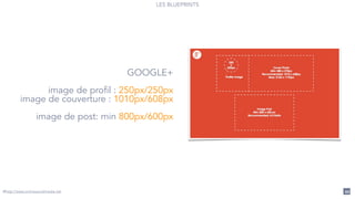 LES BLUEPRINTS
44
GOOGLE+
image de profil : 250px/250px
image de couverture : 1010px/608px
image de post: min 800px/600px
@http://www.onlinesocialmedia.net
 