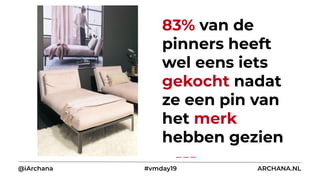 83% van de
pinners heeft
wel eens iets
gekocht nadat
ze een pin van
het merk
hebben gezien
@iArchana #vmday19 ARCHANA.NL
 