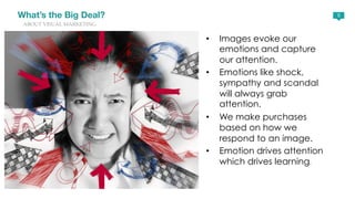 What’s the Big Deal?8 
ABOUT VISUAL MARKETING 
• Images evoke our 
emotions and capture 
our attention. 
• Emotions like s...