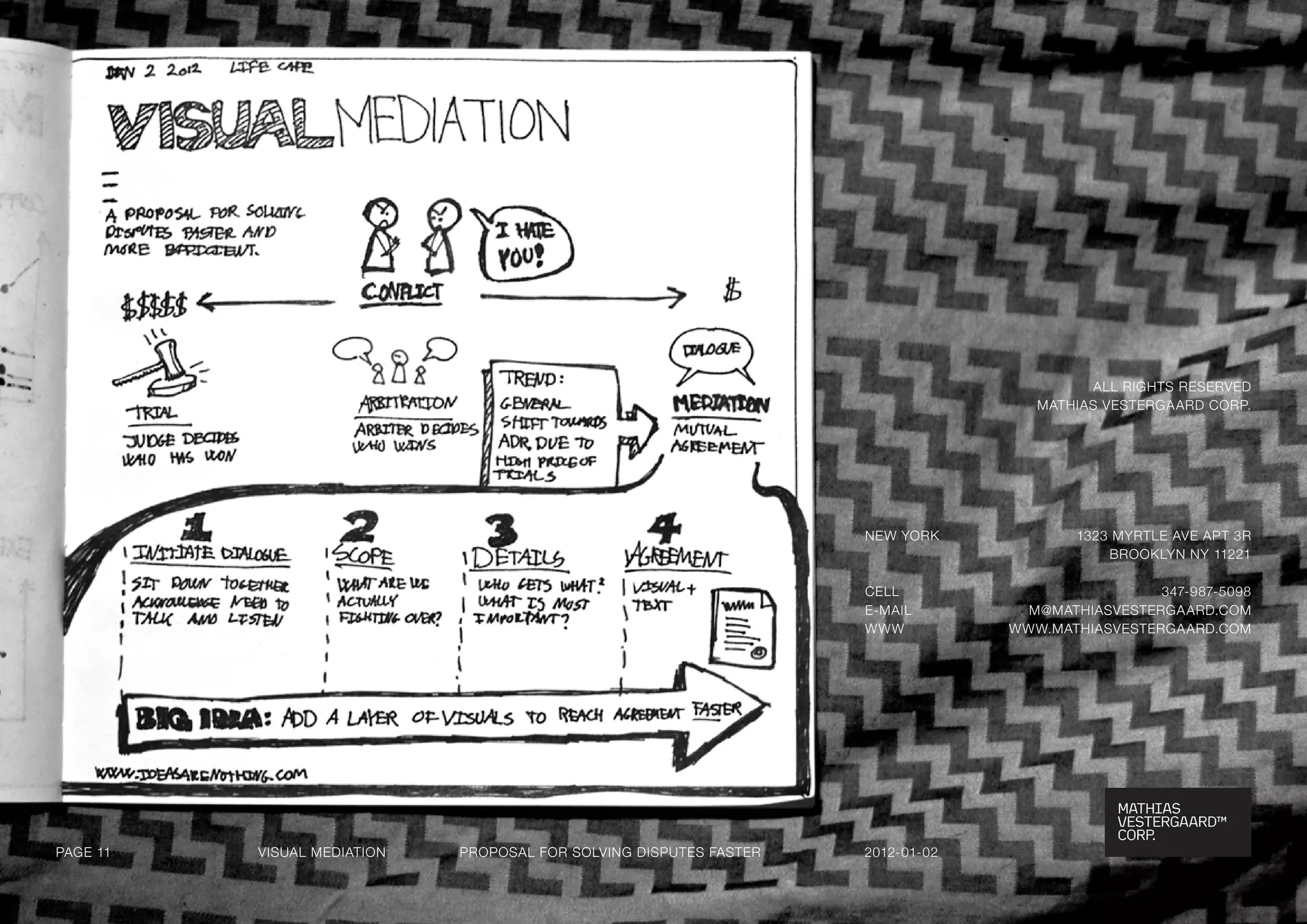 all rigHts reserved
                                                                                    MatHias vesterga ard CorP.




                                                                    neW YorK             1323 MYrtle ave aPt 3r
                                                                                             BrooKlYn nY 11221

                                                                    Cell                          347-987-5098
                                                                    e-Mail        M@MatHiasvesterga ard.CoM
                                                                    WWW          WWW.MatHiasvesterga ard.CoM




Page 11   visual Mediation   ProPosal for solving disPutes faster   2012-01-02
 