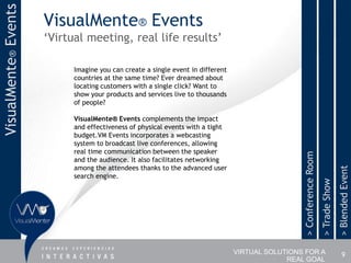 VisualMente® Events
                      VisualMente® Events
                      „Virtual meeting, real life results‟

                            Imagine you can create a single event in different
                            countries at the same time? Ever dreamed about
                            locating customers with a single click? Want to
                            show your products and services live to thousands
                            of people?

                            VisualMente® Events complements the impact
                            and effectiveness of physical events with a tight
                            budget.VM Events incorporates a webcasting
                            system to broadcast live conferences, allowing
                            real time communication between the speaker




                                                                                                  > Conference Room
                            and the audience. It also facilitates networking
                            among the attendees thanks to the advanced user




                                                                                                                                     > Blended Event
                            search engine.




                                                                                                                      > Trade Show
                                                                                 VIRTUAL SOLUTIONS FOR A                                 9
                                                                                              REAL GOAL
 