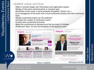 > Conference Room
VisualMente® Events                       >Added value services
                                           Web or minisite design with information and registration system.
                                           Design of the event communication or customer gain.
                                           Promotion of the event in social networks (Facebook, Twitter, etc.)
                                           Live managemet of the event with virtual conference hostess and with a technical
                                           team.
                                           Design customized avatars for the audience.
                                           Increase the number of conference rooms.
                                           Create more customized scenarios.
                                           Keep the conferences on demand once the live event is finished.
                                           Production Team, for the live broadcast of the physical event.




                                                                                                                                              > Blended Event
                                                                                                                               > Trade Show
                                                                    Event´s website                       Mailing promoción

                                                                                                  VIRTUAL SOLUTIONS FOR A                     11
                                                                                                               REAL GOAL
 