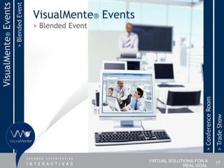 > Blended Event
VisualMente® Events
                                        VisualMente® Events
                                        > Blended Event




                                                                                   > Conference Room
                                                                                                       > Trade Show
                                                              VIRTUAL SOLUTIONS FOR A                  17
                                                                           REAL GOAL
 
