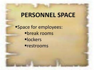 PERSONNEL SPACE
Space for employees:
    break rooms
    lockers
    restrooms
 