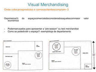 Visual Merchandising
Onde colocarosprodutos e comoosclientescompram–3
Osprimeiros¾ do espaçocomercialsãoconsideradosaquelescommaior valor
económico
- Podemserusados para apresentar a “pre-season” ou test merchandise
- Como se podedividir o espaço?- exemploloja de departamento
 