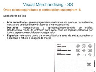 Visual Merchandising - SS
Onde colocarosprodutos e comoosclientescompram–6
Expositores de loja
- Alta capacidade- apresentagrandesquantidades de produto normalmente
mostrando umsóestiloemváriascores e váriostamanhos
- Destaque- menosproduto e apresentçãocoordenada de outfits.
Usadoscomo “porta de entrada” para cada zona da lojaouespalhados por
todo o espaçocomercial para agregar valor
- Especiais- elemento unico da lojalocalizadona zona de entradaquechama
a atenção e reflete a imagem de marca
 