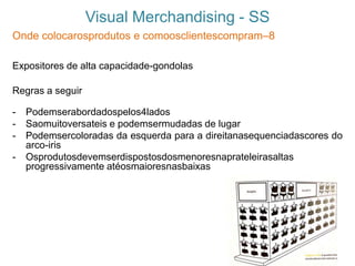 Visual Merchandising - SS
Onde colocarosprodutos e comoosclientescompram–8
Expositores de alta capacidade-gondolas
Regras a seguir
- Podemserabordadospelos4lados
- Saomuitoversateis e podemsermudadas de lugar
- Podemsercoloradas da esquerda para a direitanasequenciadascores do
arco-iris
- Osprodutosdevemserdispostosdosmenoresnaprateleirasaltas
progressivamente atéosmaioresnasbaixas
 