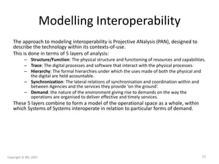 Modelling Interoperability
The approach to modeling interoperability is Projective ANalysis (PAN), designed to
describe the technology within its contexts-of-use.
This is done in terms of 5 layers of analysis:
– Structure/Function: The physical structure and functioning of resources and capabilities.
– Trace: The digital processes and software that interact with the physical processes.
– Hierarchy: The formal hierarchies under which the uses made of both the physical and
the digital are held accountable.
– Synchronization: The lateral relations of synchronisation and coordination within and
between Agencies and the services they provide ‘on the ground’.
– Demand: the nature of the environment giving rise to demands on the way the
operations are organised to deliver effective and timely services.
These 5 layers combine to form a model of the operational space as a whole, within
which Systems of Systems interoperate in relation to particular forms of demand.
Copyright © BRL 2007 15
 