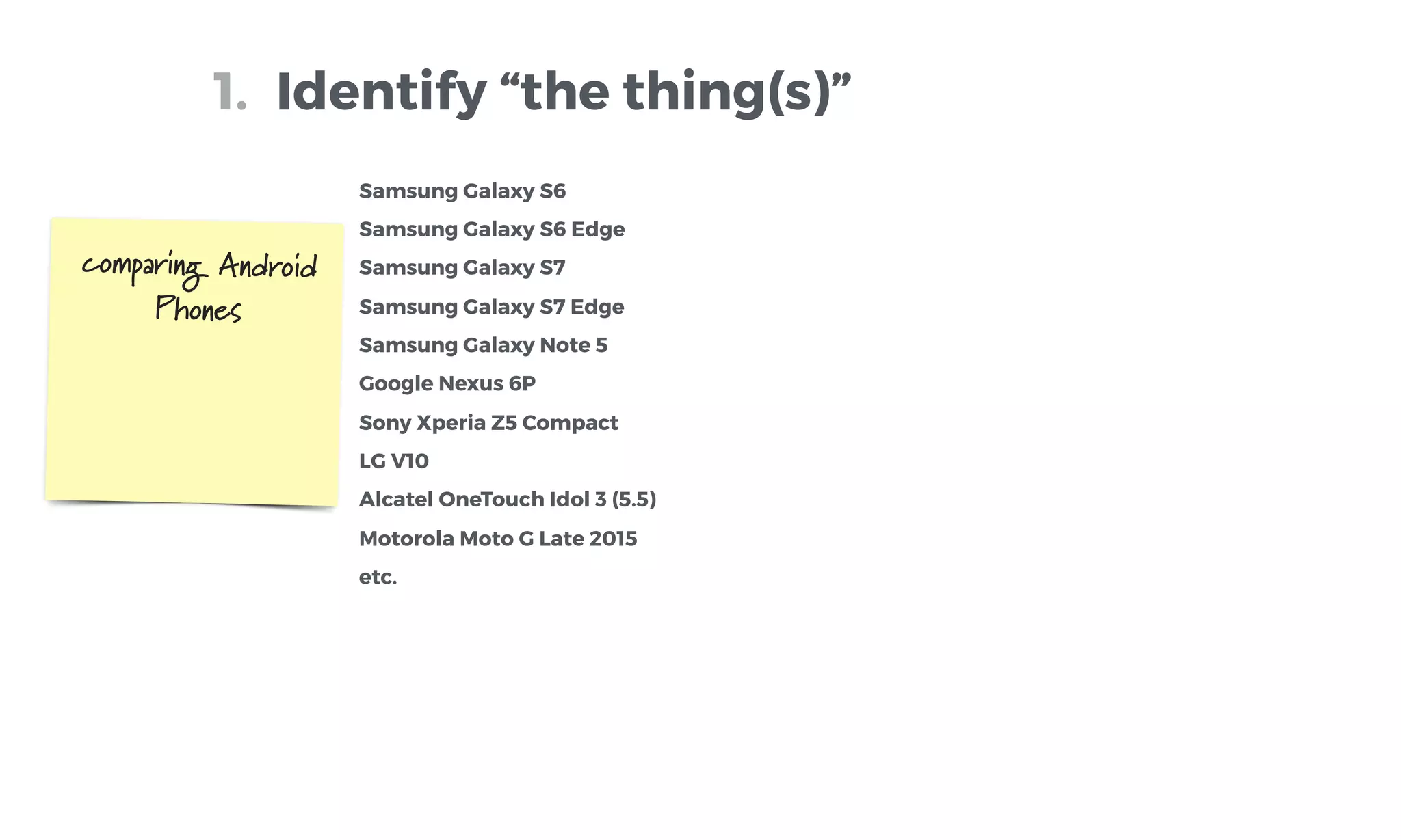 comparing Android
Phones
Samsung Galaxy S6
Samsung Galaxy S7
Samsung Galaxy S6 Edge
Samsung Galaxy S7 Edge
Samsung Galaxy Note 5
Google Nexus 6P
Sony Xperia Z5 Compact
LG V10
Alcatel OneTouch Idol 3 (5.5)
Motorola Moto G Late 2015
etc.
Identify “the thing(s)”1.
 