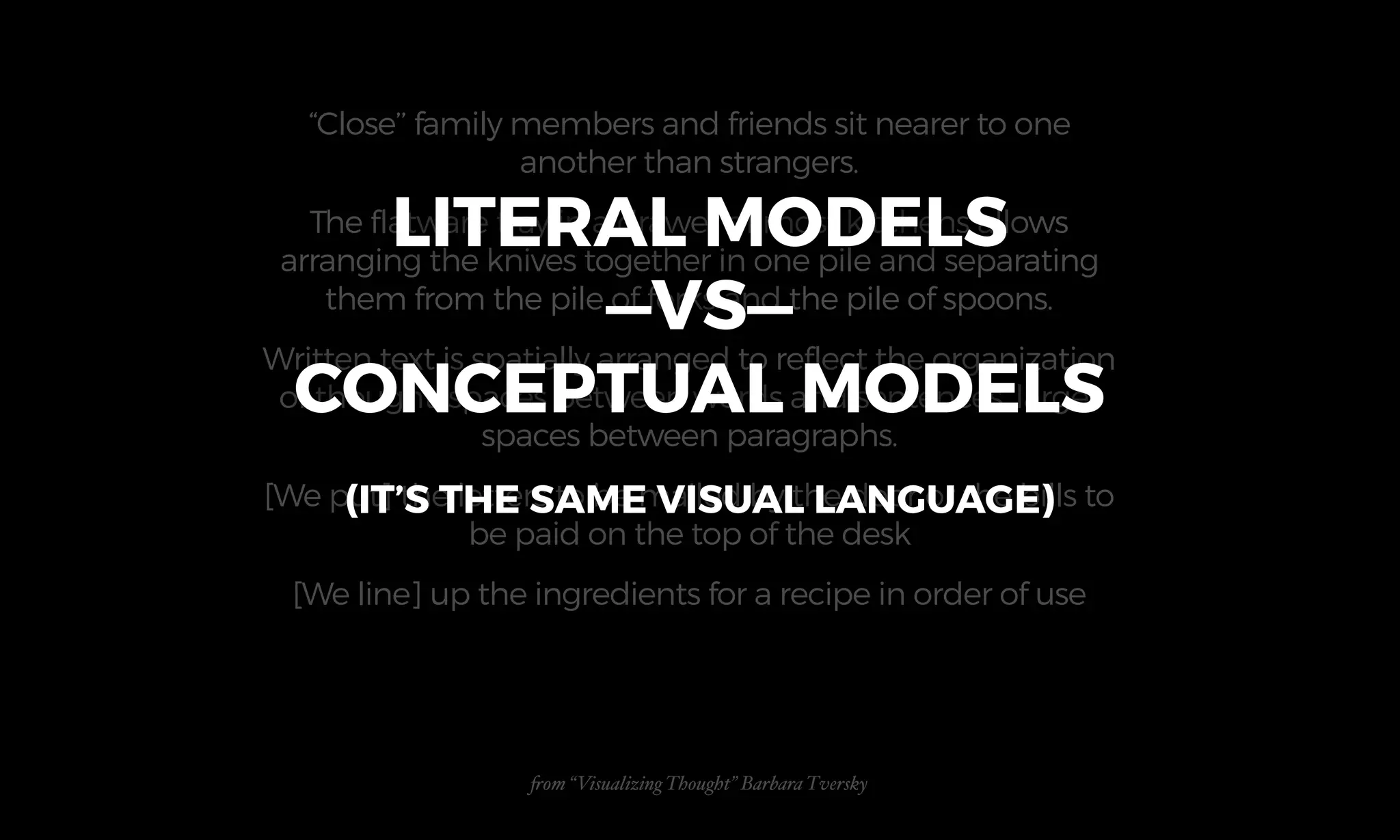 “Close’’ family members and friends sit nearer to one
another than strangers.
The flatware tray in a drawer of most kitchens allows
arranging the knives together in one pile and separating
them from the pile of forks and the pile of spoons.
Written text is spatially arranged to reflect the organization
of thought, spaces between words and sentences, larger
spaces between paragraphs.
[We put] the letters to be mailed by the door or the bills to
be paid on the top of the desk
[We line] up the ingredients for a recipe in order of use
%om “Visualizing Thought” Barbara Tversky
LITERAL MODELS
—VS—
CONCEPTUAL MODELS
(IT’S THE SAME VISUAL LANGUAGE)
 