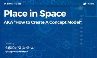 IA SUMMIT 2016
@stephenanderson
Stephen P. Anderson
#IAS16
t
presented by
Place in Space
AKA “How to Create A Concept Mode...
