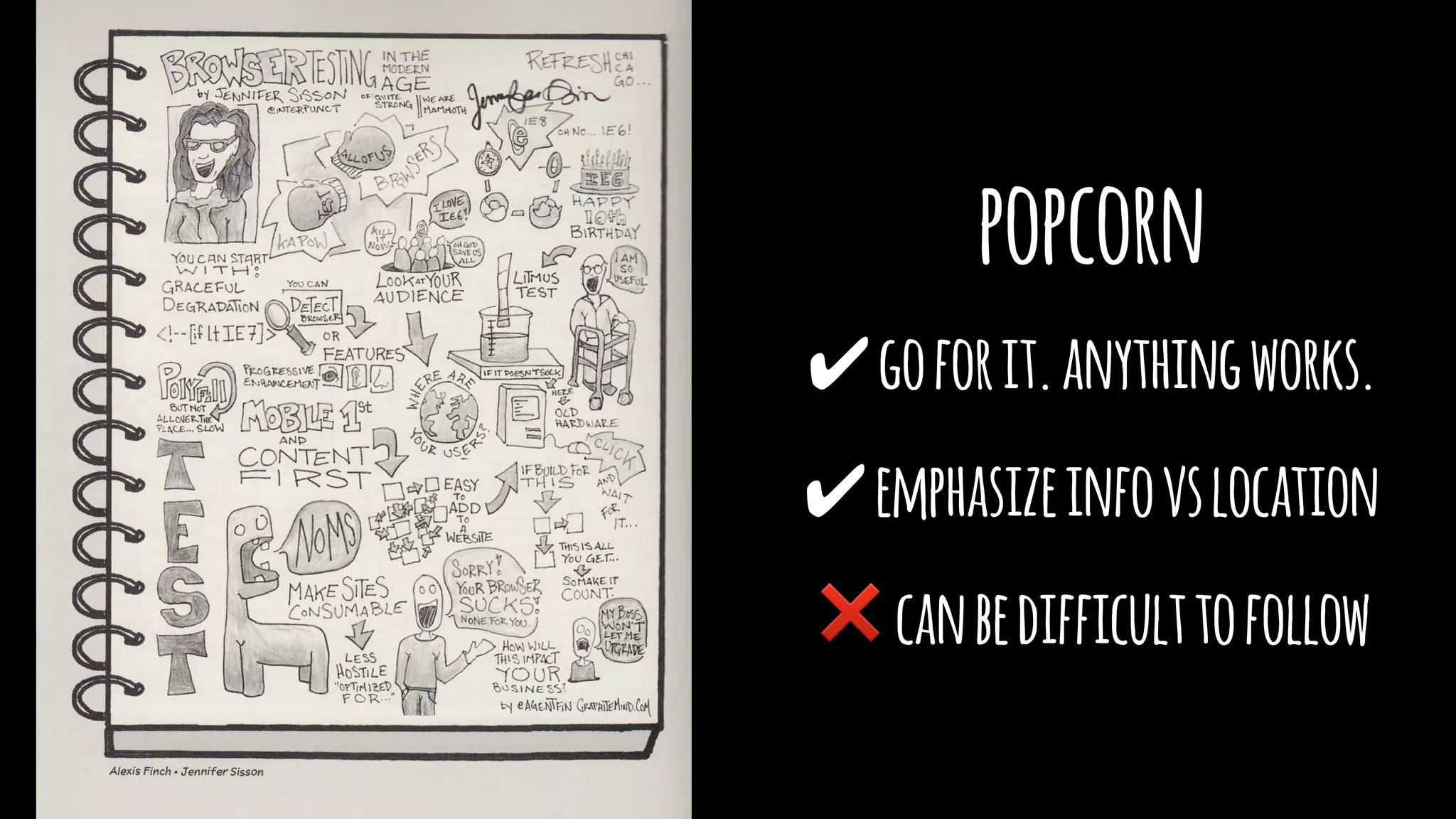 popcorn
✔goforit.anythingworks.
✔emphasizeinfovslocation
❌canbedifficulttofollow
 