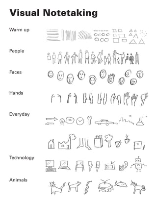 Visual Notetaking
Warm up
Hands
People
Everyday
Technology
Faces
Animals
 