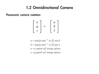                     
   x               a
  y =           b 
   z               1

a = tan{α tan−1 u/f } cos β
b = tan{α tan−1 v/f } sin β
u =x point of image plane.
v =y point of image plane.
 