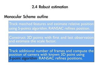Track matched features and estimate relative position
using 5-points algorithm. RANSAC reﬁnes position.

Construct 3D points with ﬁrst and last observation
and estimate the scale factor.

Track additional number of frames and compute the
position of camera with known 3D point using
3-point algorithm. RANSAC reﬁnes positions.
 