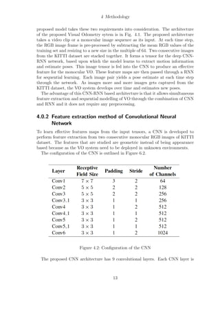 4 Methodology
proposed model takes these two requirements into consideration. The architecture
of the proposed Visual Odometry sytem is in Fig. 4.1. The proposed architecture
takes a video clip or a monocular image sequence as its input. At each time step,
the RGB image frame is pre-processed by subtracting the mean RGB values of the
training set and resizing to a new size in the multiple of 64. Two consecutive images
from the KITTI dataset are stacked together. It forms a tensor for the deep CNN-
RNN network, based upon which the model learns to extract motion information
and estimate poses. This image tensor is fed into the CNN to produce an effective
feature for the monocular VO. These feature maps are then passed through a RNN
for sequential learning. Each image pair yields a pose estimate at each time step
through the network. As images more and more images gets captured from the
KITTI dataset, the VO system develops over time and estimates new poses.
The advantage of this CNN-RNN based architecture is that it allows simultaneous
feature extraction and sequential modelling of VO through the combination of CNN
and RNN and it does not require any preprocessing.
4.0.2 Feature extraction method of Convolutional Neural
Network
To learn effective features maps from the input tensors, a CNN is developed to
perform feature extraction from two consecutive monocular RGB images of KITTI
dataset. The features that are studied are geometric instead of being appearance
based because as the VO system need to be deployed in unknown environments.
The configuration of the CNN is outlined in Figure 6.2.
Figure 4.2: Configuration of the CNN
The proposed CNN architecture has 9 convolutional layers. Each CNN layer is
13
 
