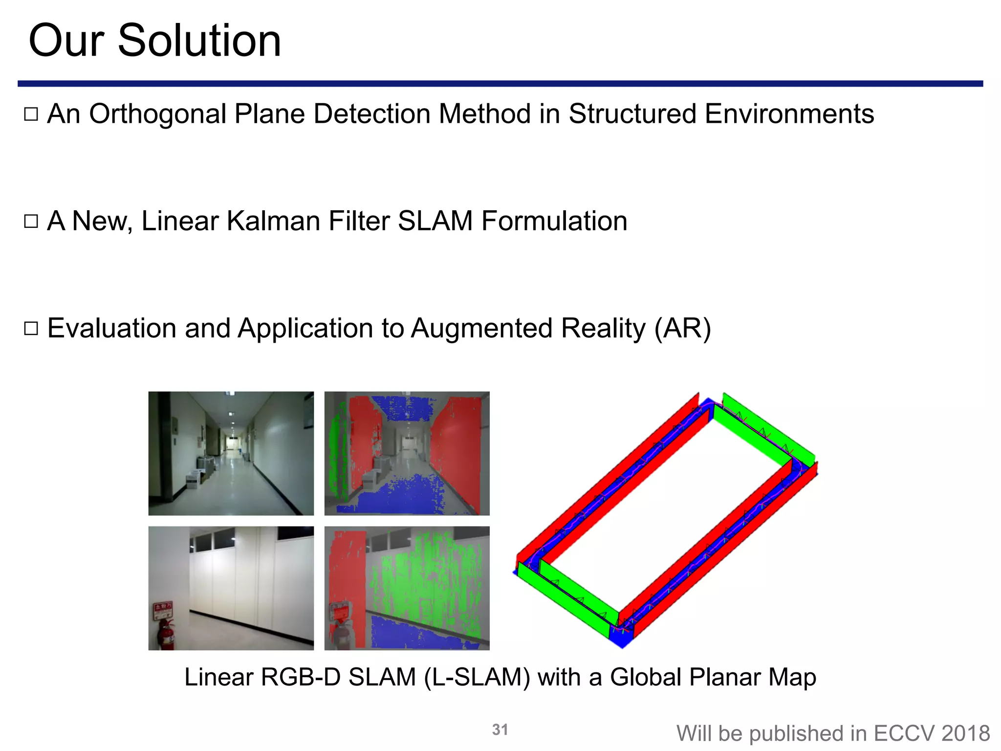 Our Solution
31
An Orthogonal Plane Detection Method in Structured Environments□
A New, Linear Kalman Filter SLAM Formulation□
Evaluation and Application to Augmented Reality (AR)□
Linear RGB-D SLAM (L-SLAM) with a Global Planar Map
Will be published in ECCV 2018
 