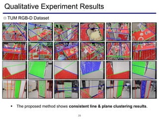 Qualitative Experiment Results
29
TUM RGB-D Dataset□
 The proposed method shows consistent line & plane clustering results.
 
