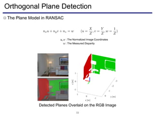 Orthogonal Plane Detection
33
The Plane Model in RANSAC□
Detected Planes Overlaid on the RGB Image
: The Measured Disparity
: The Normalized Image Coordinates𝑢, 𝑣
 