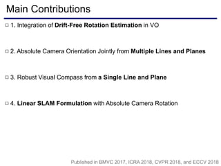 Main Contributions
1. Integration of Drift-Free Rotation Estimation in VO□
2. Absolute Camera Orientation Jointly from Multiple Lines and Planes□
3. Robust Visual Compass from a Single Line and Plane□
Published in BMVC 2017, ICRA 2018, CVPR 2018, and ECCV 2018
4. Linear SLAM Formulation with Absolute Camera Rotation□
 