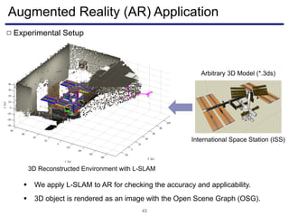 Augmented Reality (AR) Application
43
Arbitrary 3D Model (*.3ds)
3D Reconstructed Environment with L-SLAM
International Space Station (ISS)
Experimental Setup□
 We apply L-SLAM to AR for checking the accuracy and applicability.
 3D object is rendered as an image with the Open Scene Graph (OSG).
 