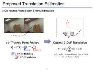 Proposed Translation Estimation
8
De-rotated Reprojection Error Minimization□
i-th Tracked Point Feature
: Translation
: Rotation
UnknownKnown
𝐭∗
Optimal 3-DoF Translation
: De-rotated Reproj. Error w/ Depth
: # of Points w/ Depth
𝑟𝑖1 𝐭 , 𝑟𝑖2 𝐭
𝐭∗
= arg min
𝐭
෍
𝑖=1
𝑀
𝑟𝑖1
2
𝐭 + 𝑟𝑖2
2
𝐭
 