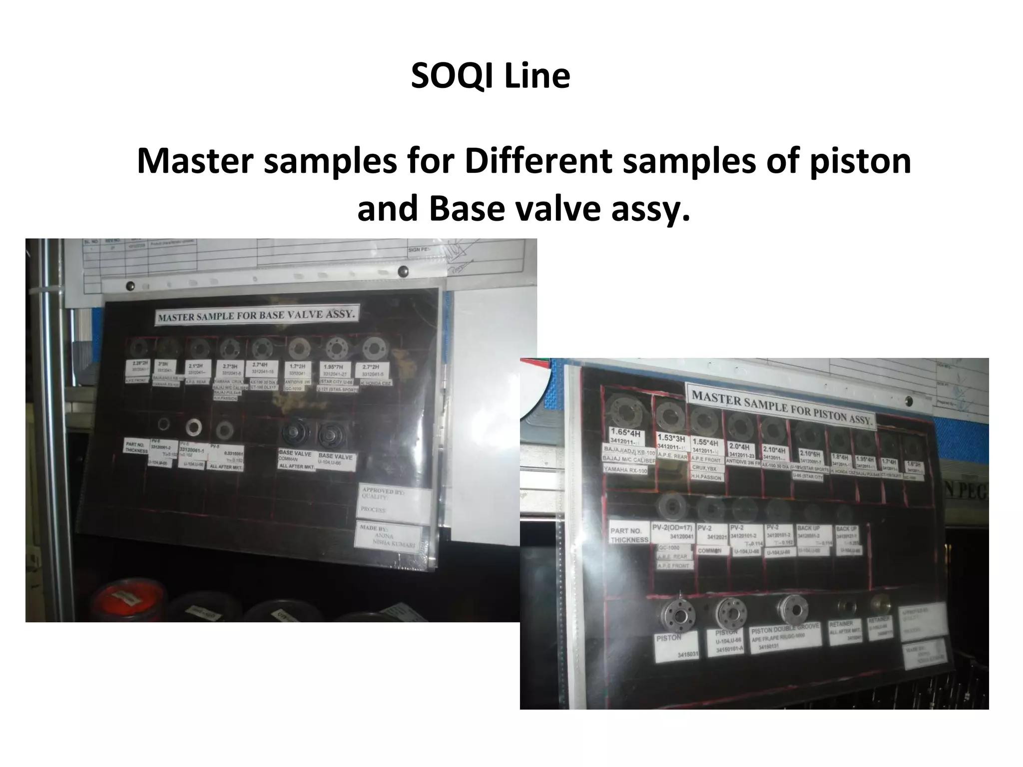 Master samples for Different samples of piston and Base valve assy. SOQI Line