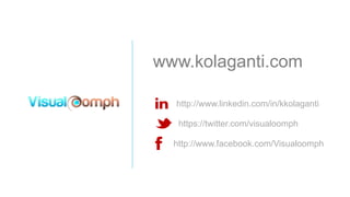 www.kolaganti.com
http://www.linkedin.com/in/kkolaganti

https://twitter.com/visualoomph
http://www.facebook.com/Visualoomph

 