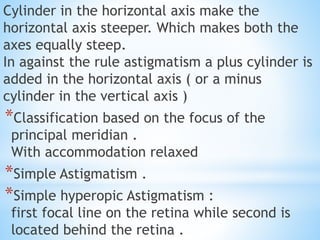Cylinder in the horizontal axis make the
horizontal axis steeper. Which makes both the
axes equally steep.
In against the rule astigmatism a plus cylinder is
added in the horizontal axis ( or a minus
cylinder in the vertical axis )
*Classification based on the focus of the
principal meridian .
With accommodation relaxed
*Simple Astigmatism .
*Simple hyperopic Astigmatism :
first focal line on the retina while second is
located behind the retina .
 