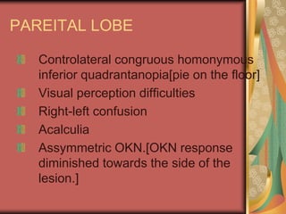 PAREITAL LOBE

   Controlateral congruous homonymous
   inferior quadrantanopia[pie on the floor]
   Visual perception difficulties
   Right-left confusion
   Acalculia
   Assymmetric OKN.[OKN response
   diminished towards the side of the
   lesion.]
 