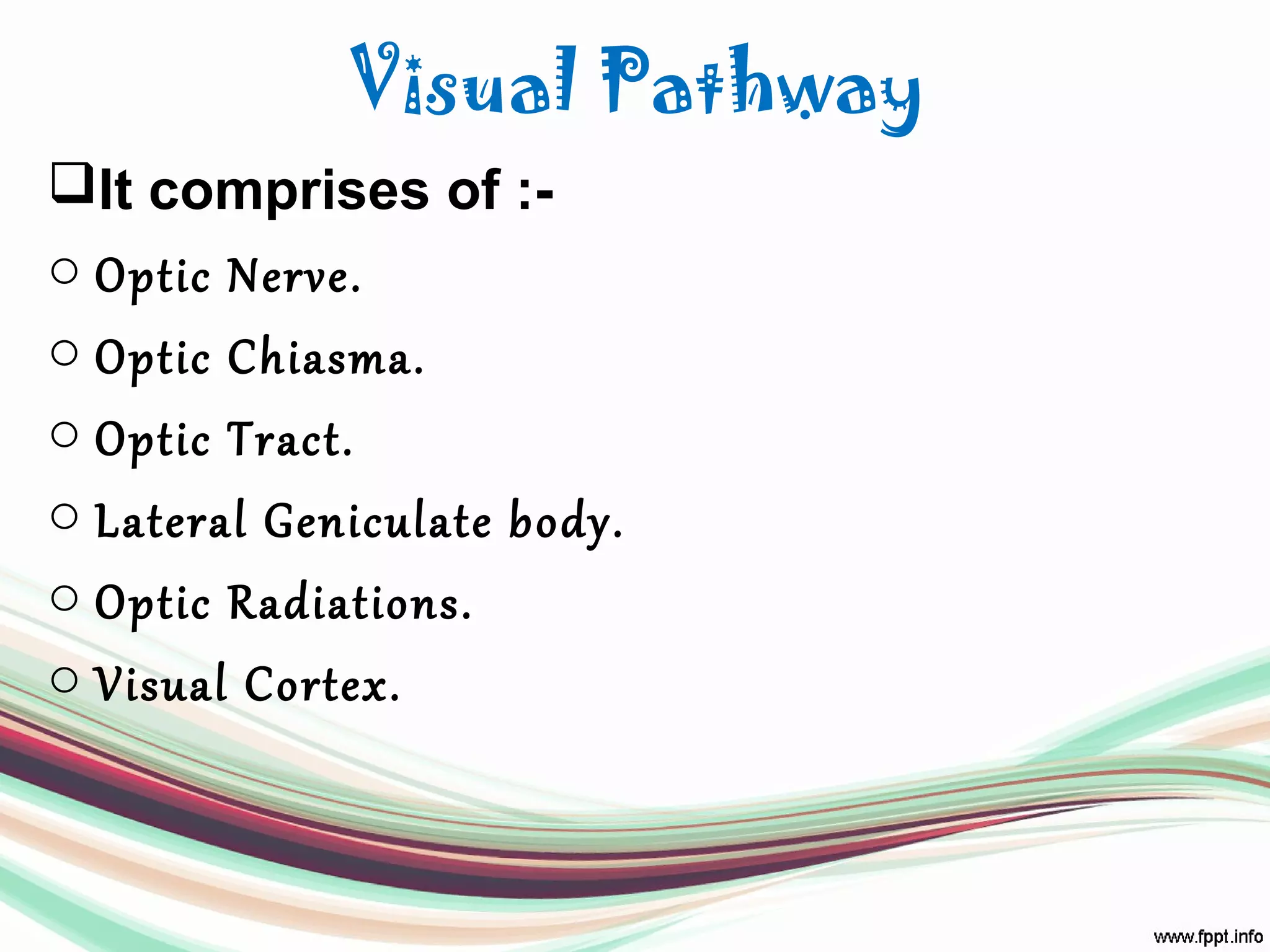 Visual Pathway
It comprises of :-
o Optic Nerve.
o Optic Chiasma.
o Optic Tract.
o Lateral Geniculate body.
o Optic Radiations.
o Visual Cortex.
 