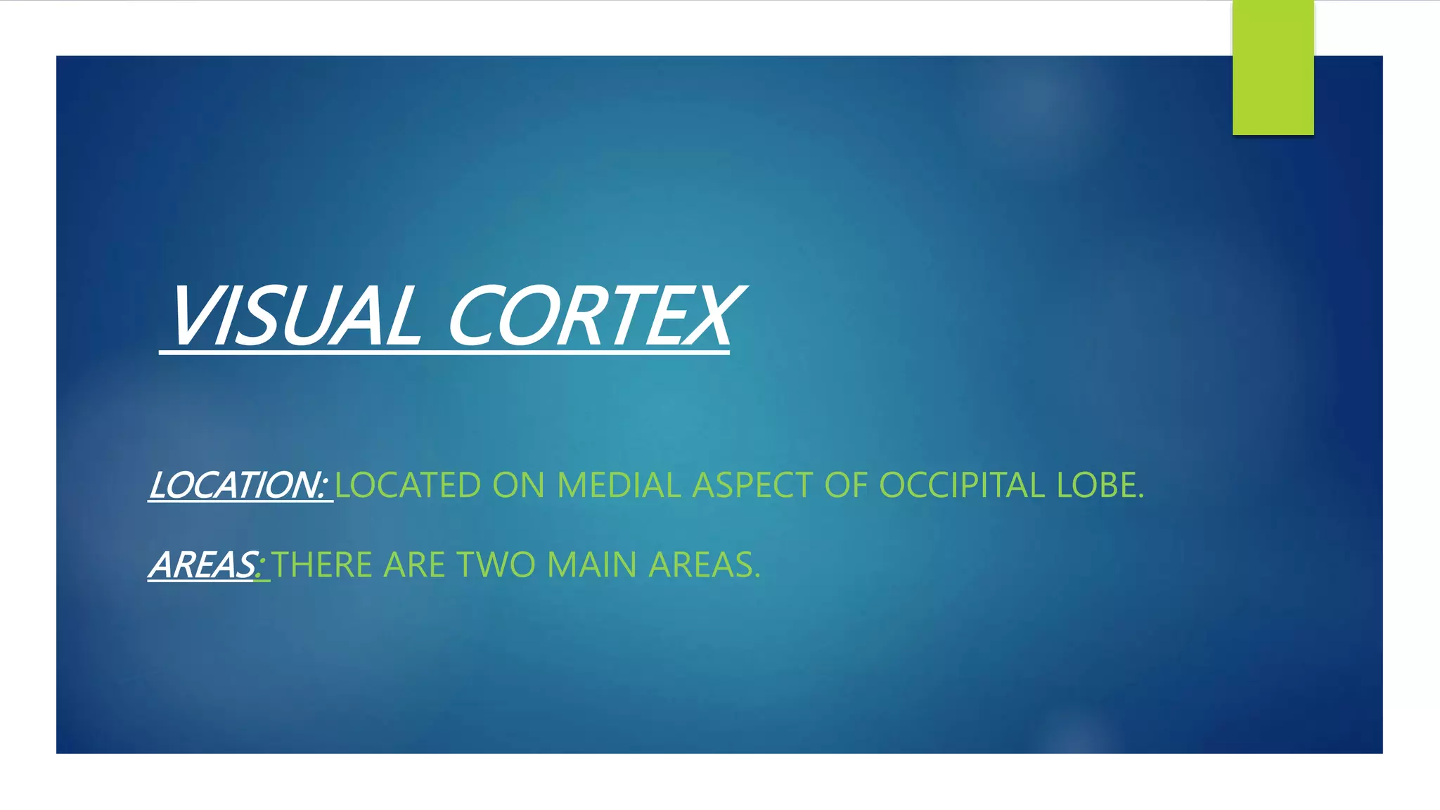VISUAL CORTEX
LOCATION: LOCATED ON MEDIAL ASPECT OF OCCIPITAL LOBE.
AREAS: THERE ARE TWO MAIN AREAS.
 