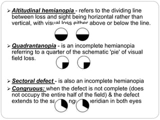  Altitudinal hemianopia - refers to the dividing line
between loss and sight being horizontal rather than
vertical, with visual loss either above or below the line.
 Quadrantanopia - is an incomplete hemianopia
referring to a quarter of the schematic 'pie' of visual
field loss.
 Sectoral defect - is also an incomplete hemianopia
 Congruous: when the defect is not complete (does
not occupy the entire half of the field) & the defect
extends to the same angular meridian in both eyes
 