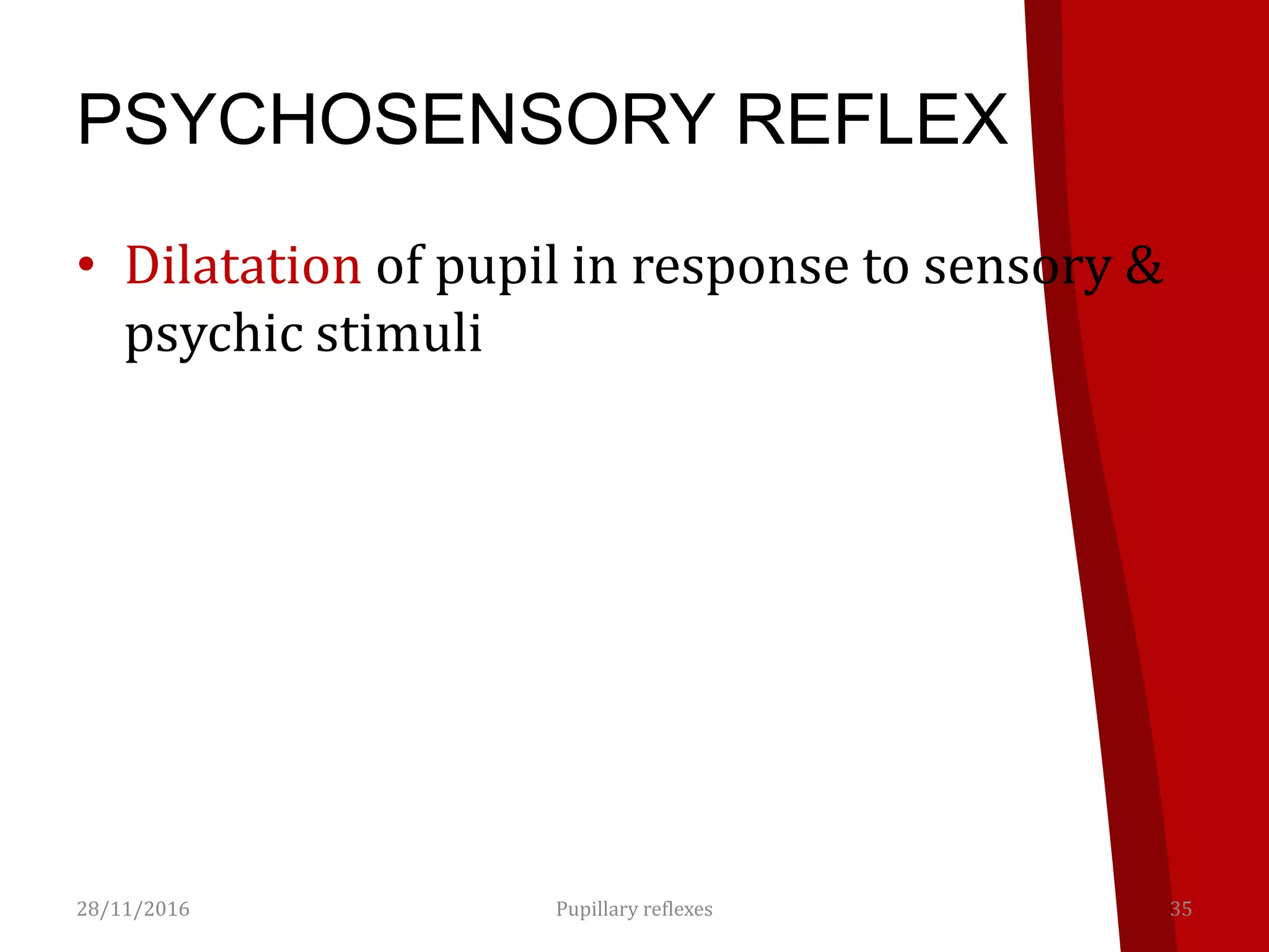 PSYCHOSENSORY REFLEX
• Dilatation of pupil in response to sensory &
psychic stimuli
28/11/2016 35Pupillary reflexes
 