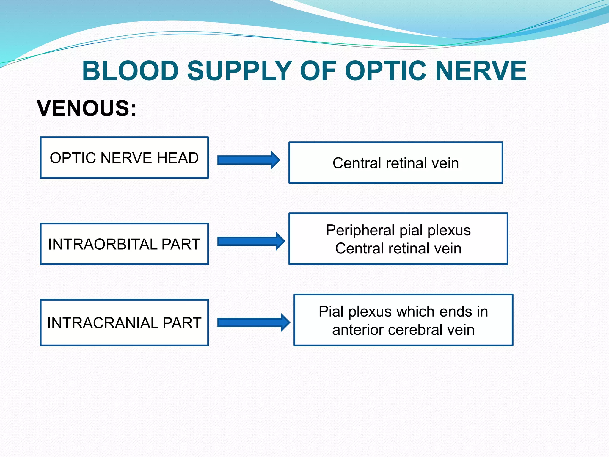 BLOOD SUPPLY OF OPTIC NERVE
VENOUS:
OPTIC NERVE HEAD Central retinal vein
INTRAORBITAL PART
Peripheral pial plexus
Central retinal vein
INTRACRANIAL PART
Pial plexus which ends in
anterior cerebral vein
 