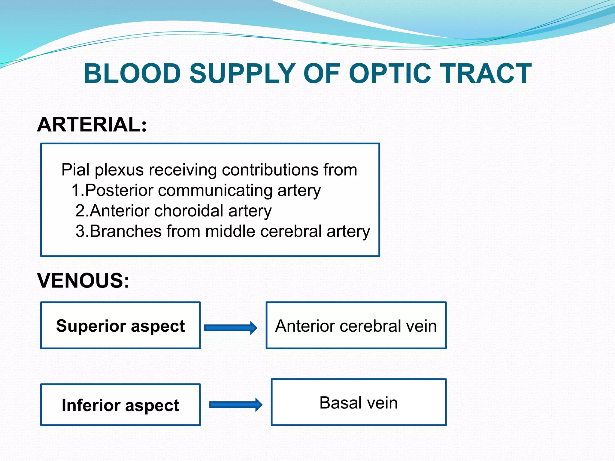 BLOOD SUPPLY OF OPTIC TRACT
ARTERIAL:
VENOUS:
Pial plexus receiving contributions from
1.Posterior communicating artery
2.Anterior choroidal artery
3.Branches from middle cerebral artery
Superior aspect Anterior cerebral vein
Inferior aspect Basal vein
 