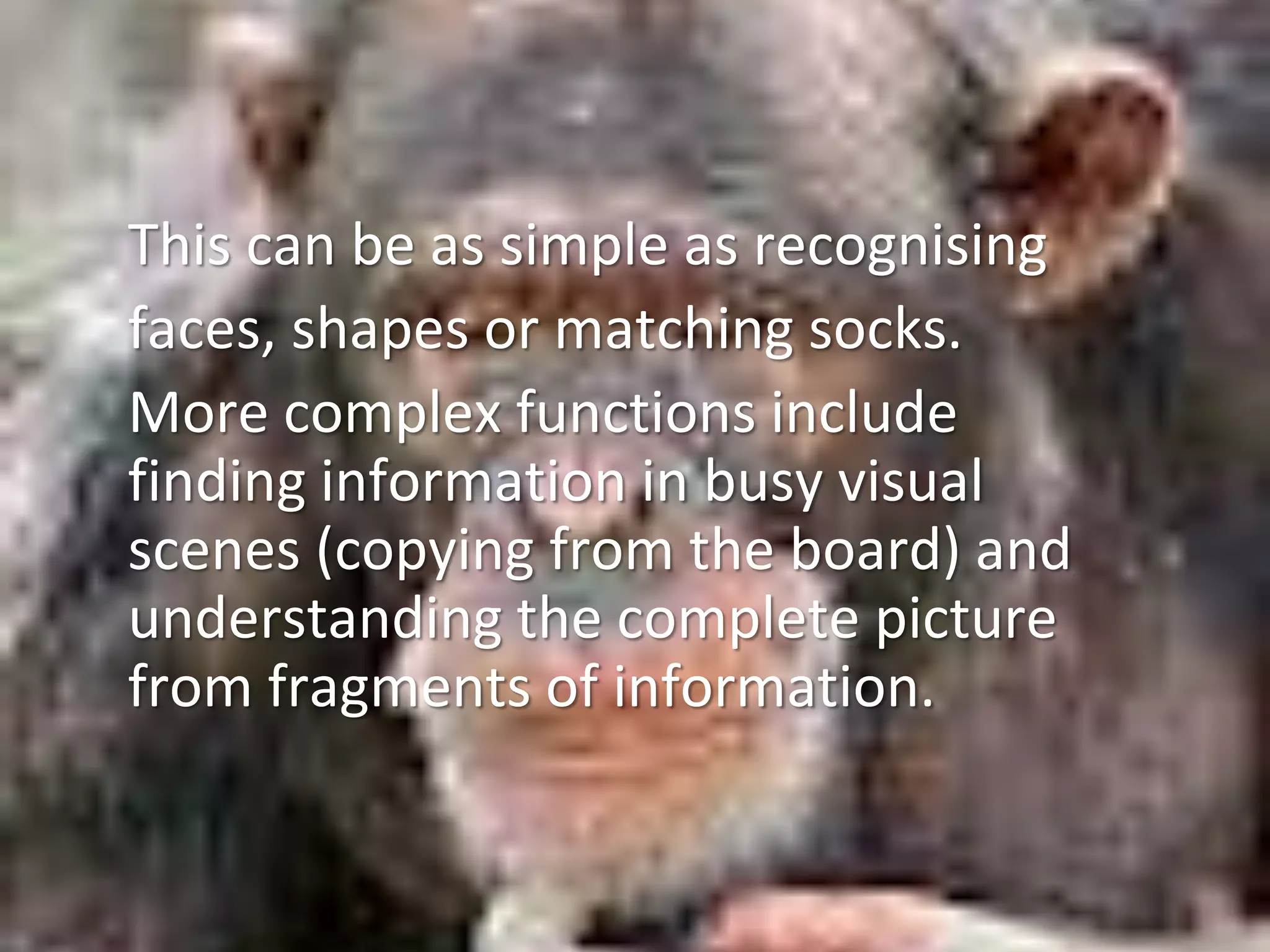 This can be as simple as recognising
faces, shapes or matching socks.
More complex functions include
finding information in busy visual
scenes (copying from the board) and
understanding the complete picture
from fragments of information.
 
