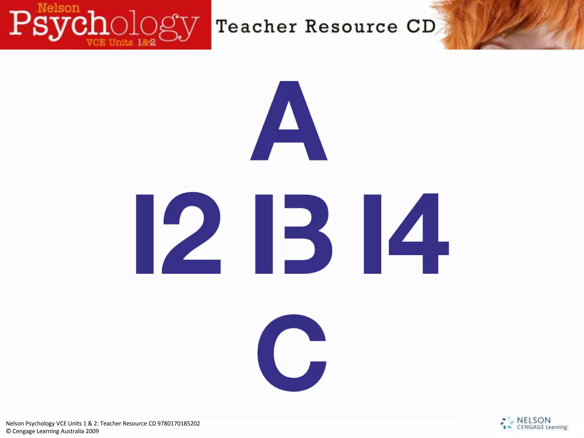 Nelson Psychology VCE Units 1 & 2: Teacher Resource CD 9780170185202
© Cengage Learning Australia 2009
 