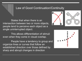 Law of Good Continuation/Continuity
States that when there is an
intersection between two or more objects,
people tend to ...