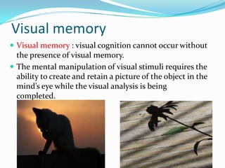 Visual memory
 Visual memory : visual cognition cannot occur without

the presence of visual memory.
 The mental manipulation of visual stimuli requires the
ability to create and retain a picture of the object in the
mind’s eye while the visual analysis is being
completed.

 